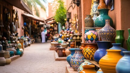 Fototapeta premium Colorful Handcrafted Pottery Display in Vibrant Market Street