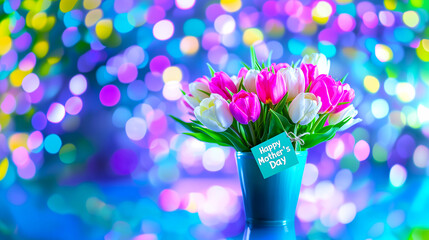 A bouquet of pink and white tulips in a blue vase with a "Happy Mother’s Day" tag, set against a colorful bokeh background. Mother’s Day celebration and gift concept.