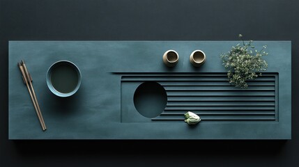 Teal tea ceremony tray, minimalist design, dark background, zen