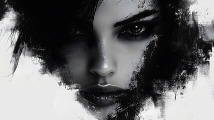 The woman's face is blurred and smudged, giving it a bold and striking appearance. The smudges and blurs create a sense of movement and energy, while the woman's piercing eyes