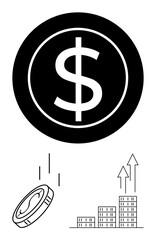 Dollar sign, falling coin, and increasing bar chart with arrows. Ideal for finance, investment, wealth management, economic growth, monetary policy, savings business success abstract line flat