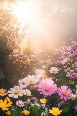 Obraz premium Beautiful colorful wild flowers in deep foggy forest with sun light in Spring.