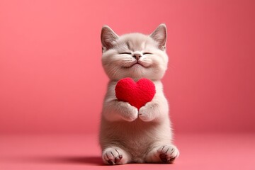 Cute burmese kitty with fluffy red heart - sign of love, funny greeting card. Burmese - my desired cat. Ad creative design idea. Romantic kitten picture. February 14 heart animal. Cute pet.