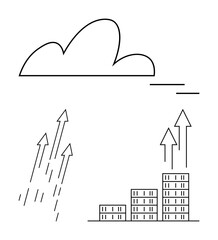 Cloud at top, arrows rising from bars and ground. Ideal for data growth, business success, cloud computing, tech innovation, progress, digital transformation, abstract line flat metaphor