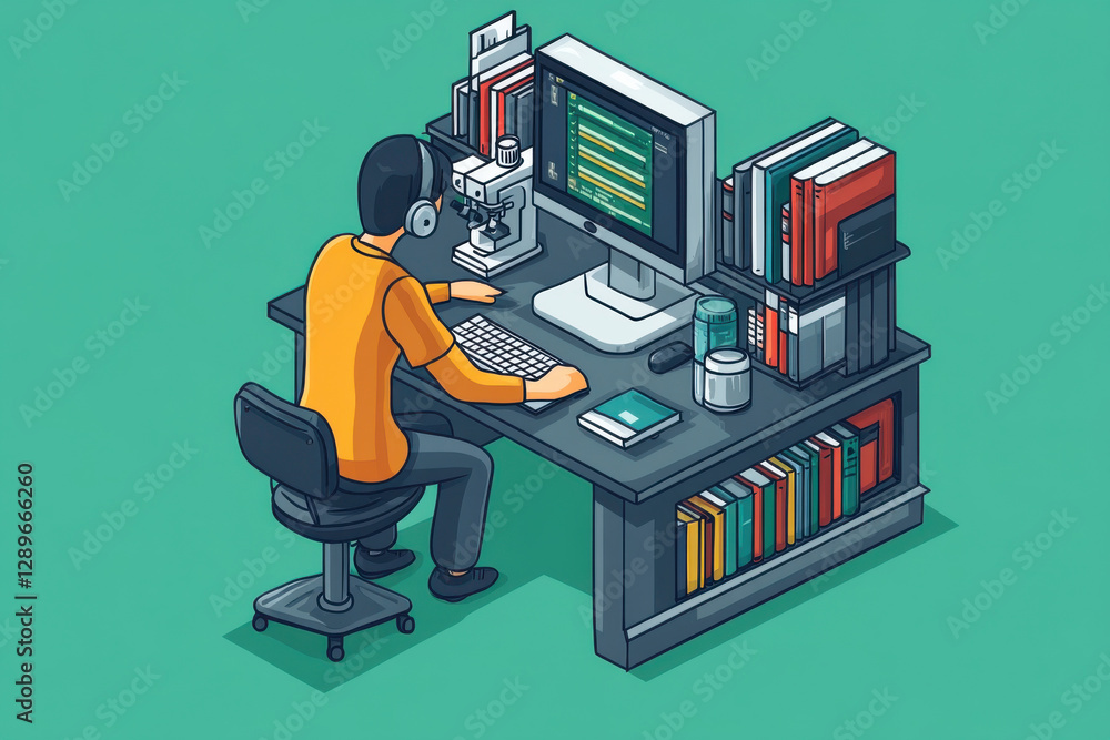 Poster a man is sitting at a desk with a computer and a microscope