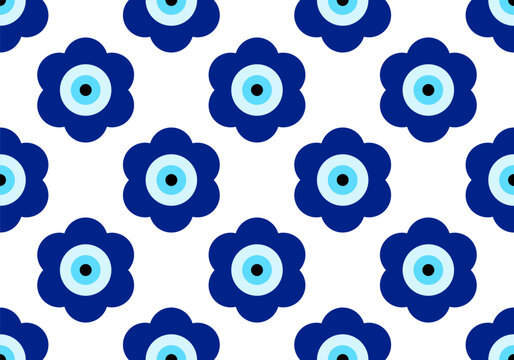 Seamless pattern with Turkish evil eye bead flower. Good luck. Turkish tile. Oriental design vector background. Perfect for wallpapers, pattern fills, web page backgrounds, surface textures, textile