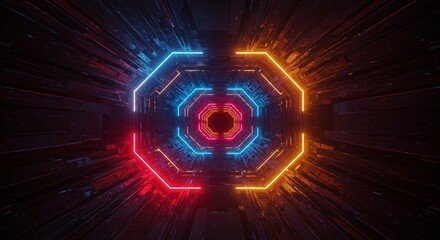 Abstract futuristic tunnel with glowing neon lights and depth perspective