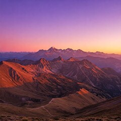 Fototapeta premium Mountainous landscape at sunset, lilac sky and natural earthy tones