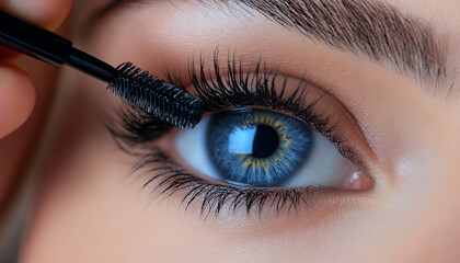 Naklejka premium Young Girl Seen Applying Black Mascara To Her Eyelashes In A Close-Up Shot During A Professional Makeup Master Class
