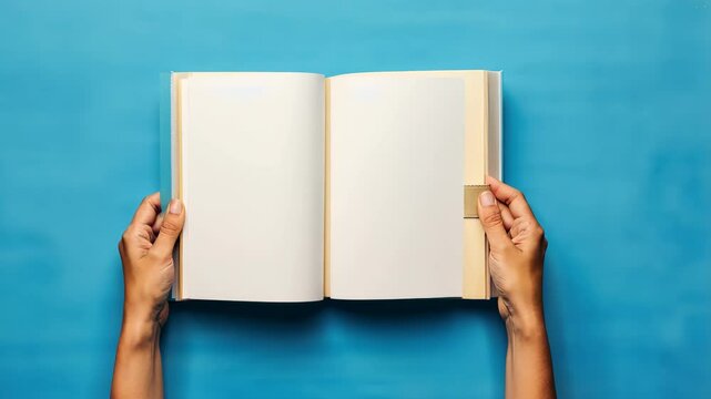 Eyecatching mockup Woman holding blank booklet on blue background for creative designs.