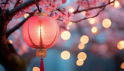 Fototapeta premium Asian Festivities: Pink, Red, And Golden Lanterns Adorning Japanese Sakura Trees For Lunar New Year Celebration With Glitter, Bokeh Lights, And Cherry Blossoms.