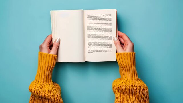 Eyecatching mockup Woman holding blank booklet on blue background for creative designs.