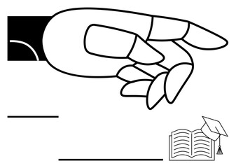 Robotic hand extended toward an open book with a graduation cap. Ideal for education, AI innovation, technology, knowledge transfer, learning, research, future concepts, abstract line flat metaphor