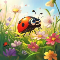 Beautiful cute ladybug with flower in Spring.