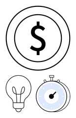 Dollar coin for financial concepts, light bulb for creativity, and stopwatch for time management. Ideal for strategy, productivity, business, finance, innovation, goals abstract line flat metaphor