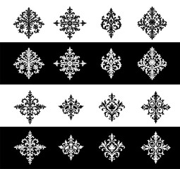 Twelve black and white ornate floral designs.