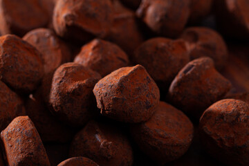 Close up view of delicious chocolate candies truffles in cocoa powder