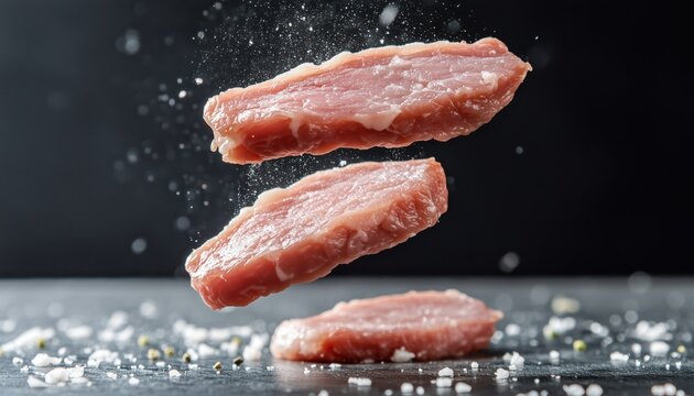 Three Pork Cutlets Are Flying Through The Air, Uncooked And Ready To Be Prepared. This Unusual Sight Catches The Eye.