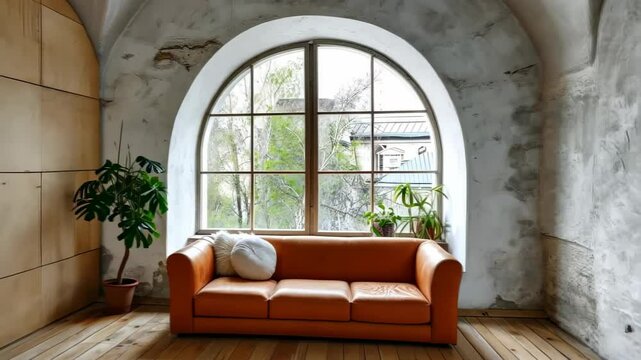 An elegant arched window complements a luxurious terra cotta leather sofa in a stylish apartment. Ai Generated