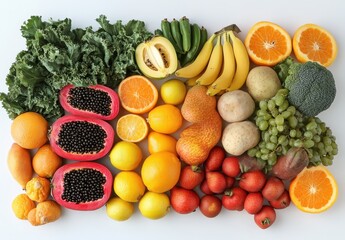 Fresh and Colorful Assortment of Fruits and Vegetables Displayed on a Bright Surface, Featuring Bananas, Oranges, Papayas, and Leafy Greens