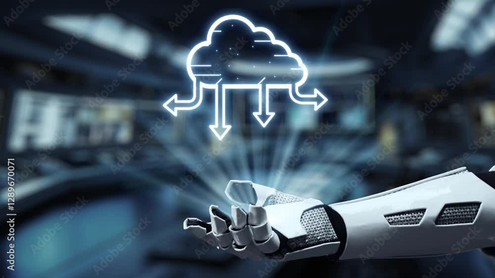 Poster a futuristic robotic arm interacts with cloud technology symbols, emphasizing digital data managemen