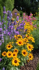 Vibrant Floral Garden: A close-up shot of a colorful floral garden, displaying a stunning array of blossoms in full bloom, with a rustic wooden structure in the background.