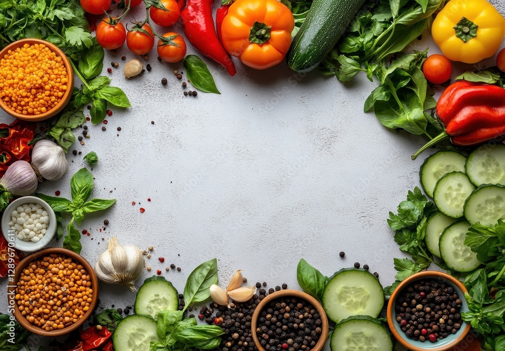 Poster fresh and colorful assortment of vegetables and spices arranged in a circular frame for healthy cook