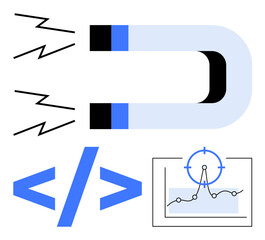 Horseshoe magnet with energy lines, coding brackets, and a chart with a target focus highlight technology, data analysis, coding, and digital marketing. Ideal for tech, strategy, analytics