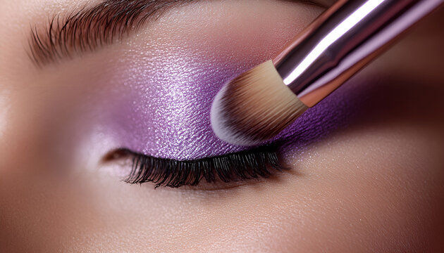 makeup artist using makeup brush for eyes and applying brown eyeshadow. make-up for young asian girl. Close-up