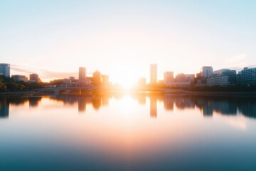 Obraz premium City skyline reflecting in water at sunrise