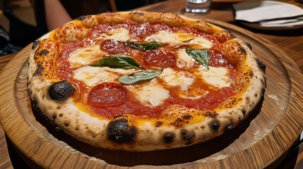 Photograph of a freshly baked pizza placed on a round wooden board, featuring a golden, crispy crust, melted mozzarella cheese, rich tomato sauce, and vibrant toppings such as pepperoni, olives.