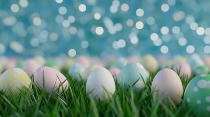 Fototapeta premium A row of pastel-painted Easter eggs placed on lush green grass, with a dreamy bokeh background for a festive springtime feel.
