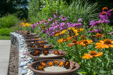 Monarchs' Buffet: An eye-level view of vibrant butterflies, Monarchs feast on a specially prepared buffet of nutrients, surrounded by colorful flowers and plants in a well-kept garden.