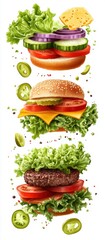 Fresh and Delicious Burgers Stacked with Vegetables, Cheese, and Sauces Perfect for Food Photography and Recipe Inspiration