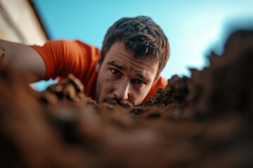 Man working digging a hole in ground