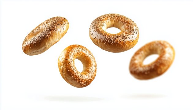 Bagel Breads Soaring: Traditional Wheat Rounds On Display. Round Pastries Hovering Above In The Air Delicately. A Heavenly Bakery Scene.
