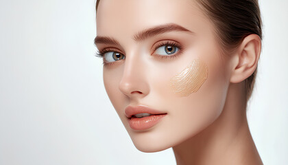 Skin tone cream lines on woman face. Beautiful woman portrait beauty skin healthy and perfect makeup