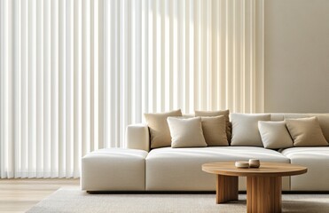 Minimalist living room with beige sofa, wooden coffee table, and sheer curtains.