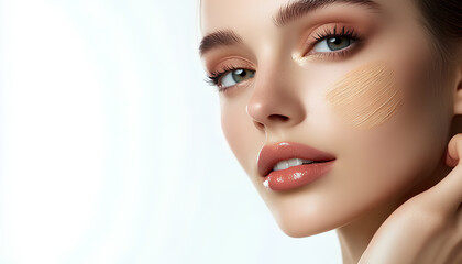 Fototapeta premium Skin tone cream lines on woman face. Beautiful woman portrait beauty skin healthy and perfect makeup