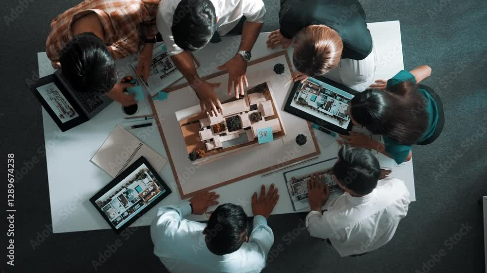 Poster top down view of manager pointing at house model and explain building design. aerial view of archite