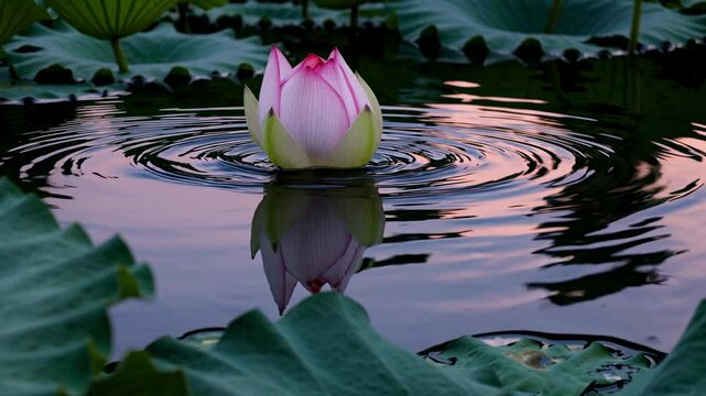A serene video scene of a lotus flower in bloom, captured at water level, showcasing ripples and lush green leaves in soft evening light.