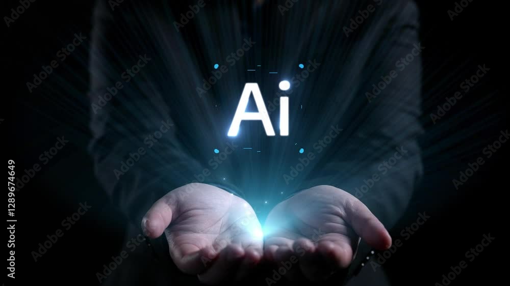 Poster human interact with ai artificial intelligence virtual assistant chatbot in concept of ai artificial