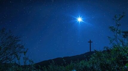 A Christian cross glowing under a shining star in the night sky, symbolizing divine guidance, hope, and the presence of God.