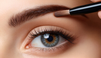 Makeup artist combs eyebrows with a brush after dyeing in a beauty salon. Professional makeup and cosmetology skin care.