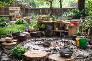 Outdoor Play Area: A charming outdoor play area designed to encourage sensory exploration and imaginative play, with a natural and inviting atmosphere for children.