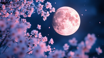 Obraz premium 満月と桜の花びら – 柔らかな月光に照らされた幻想的な春の夜