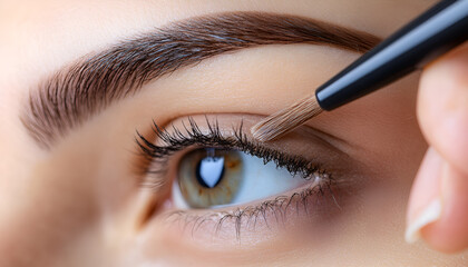 Makeup artist combs eyebrows with a brush after dyeing in a beauty salon. Professional makeup and cosmetology skin care.