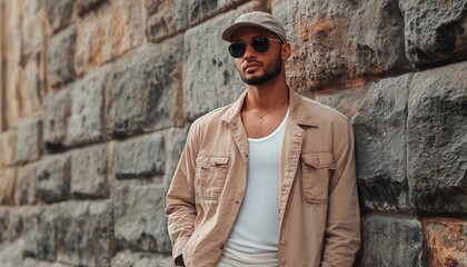 Obraz premium Urban Vibe: Man Posing Nonchalantly In Front Of Stone Wall, Sporting Sunglasses, Cap, Beige Jacket, And White Tank Top.