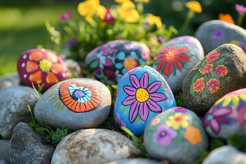 Painted Rocks in Garden: A vibrant collection of artistically painted rocks, adorned with colorful floral designs, nestled within a lush garden setting.