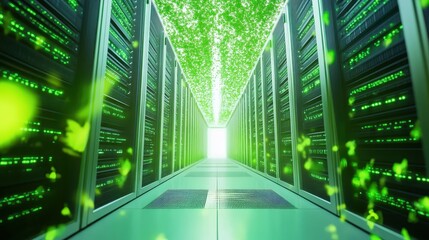 A high-tech server room with futuristic green lighting, symbolizing renewable energy, artificial intelligence, and sustainable cloud computing.